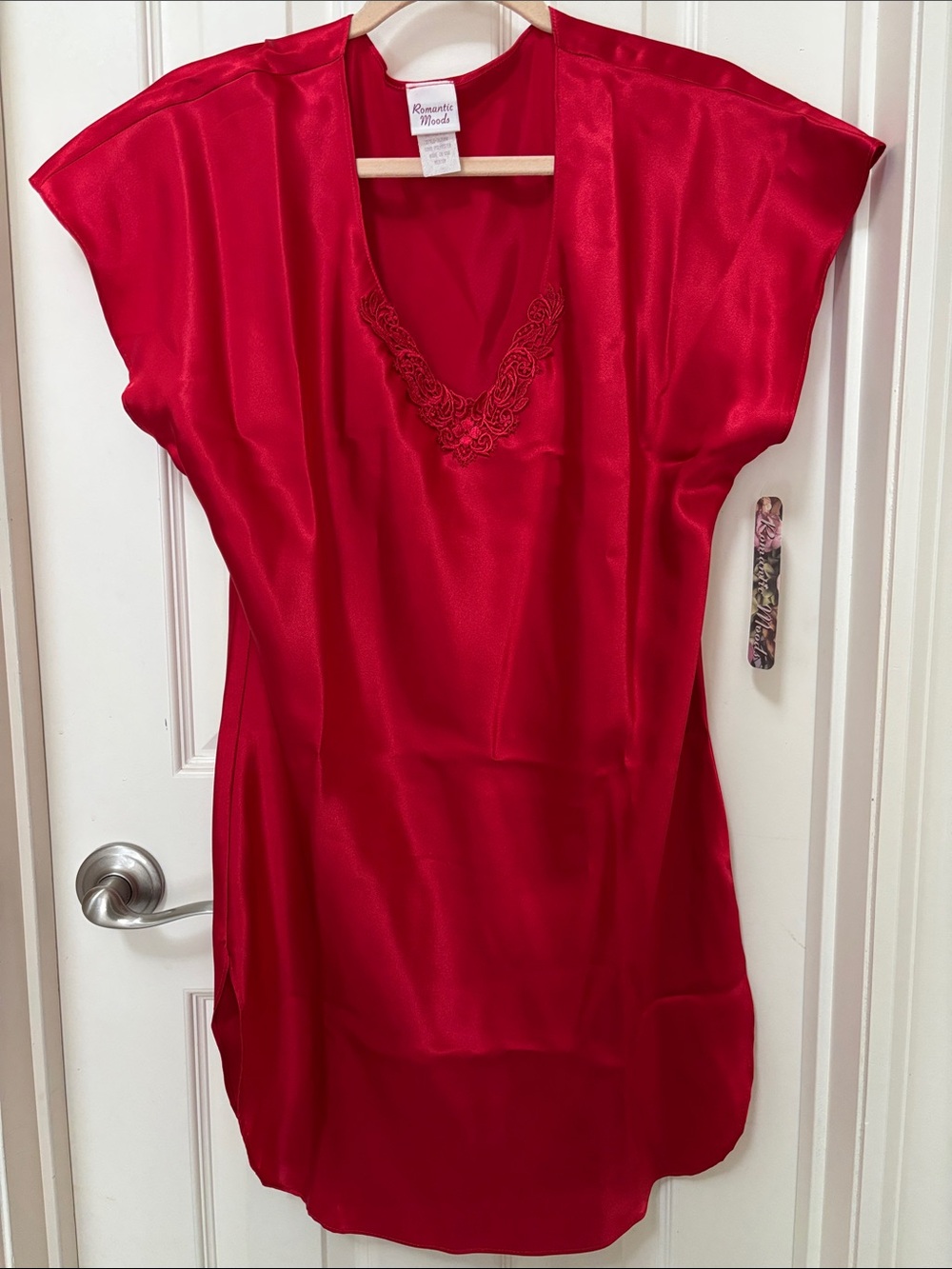 Red Satin V-Neck Nightdress with Embroidered Detail